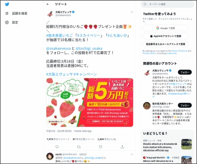 Twitter懸賞 栃木県産いちご スカイベリー とちあいか を10名様にプレゼント 〆切22年03月18日 大阪エヴェッサ